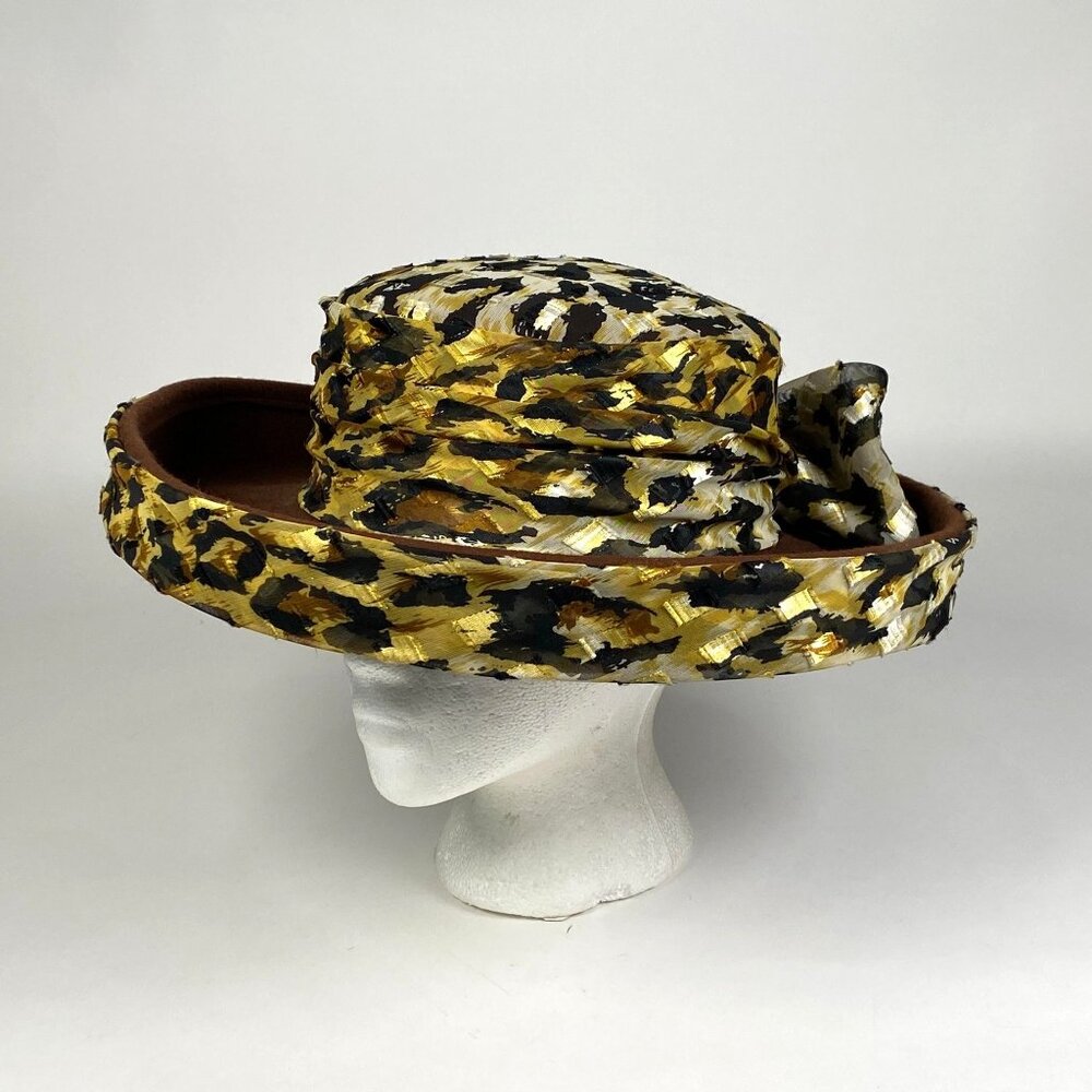 Sonni San Francisco Wool Felt Wide Brim Ladies Hat Leopard Print Ribbon Bow